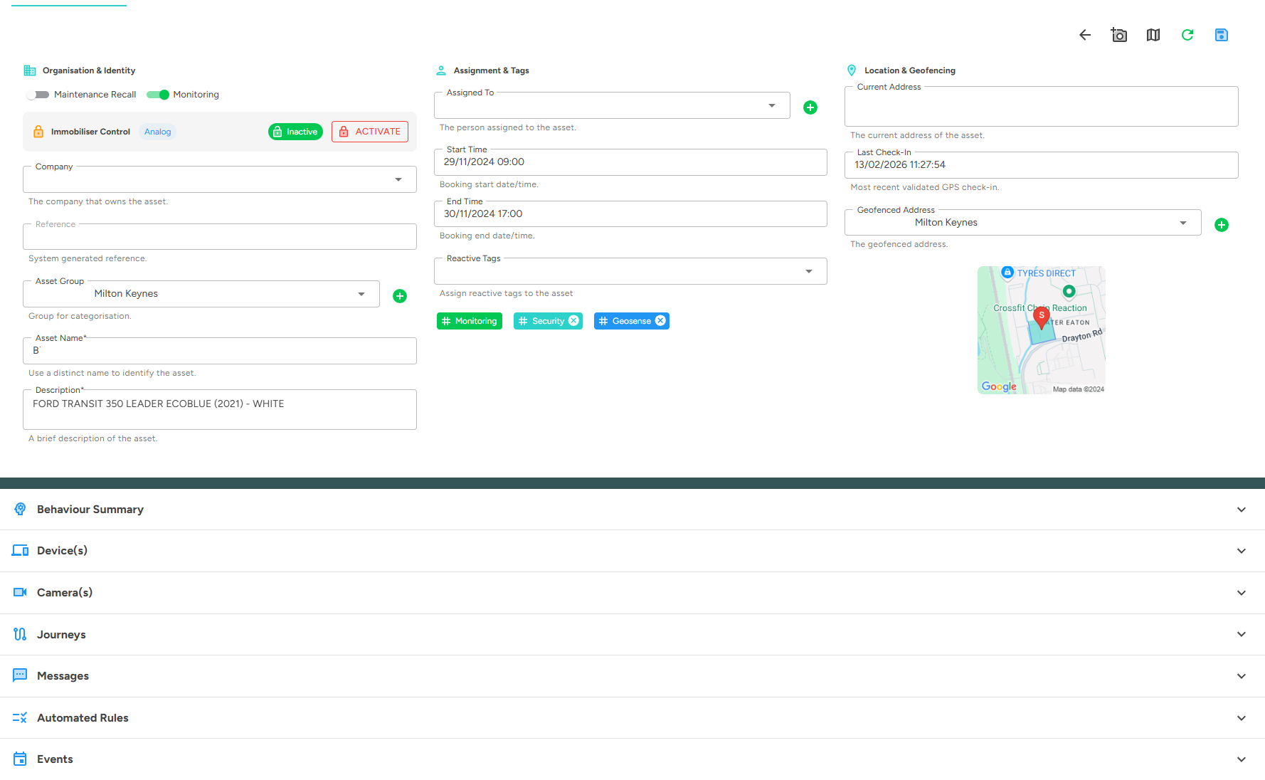 Skooa asset data view showing vehicle details, MOT status, and compliance information